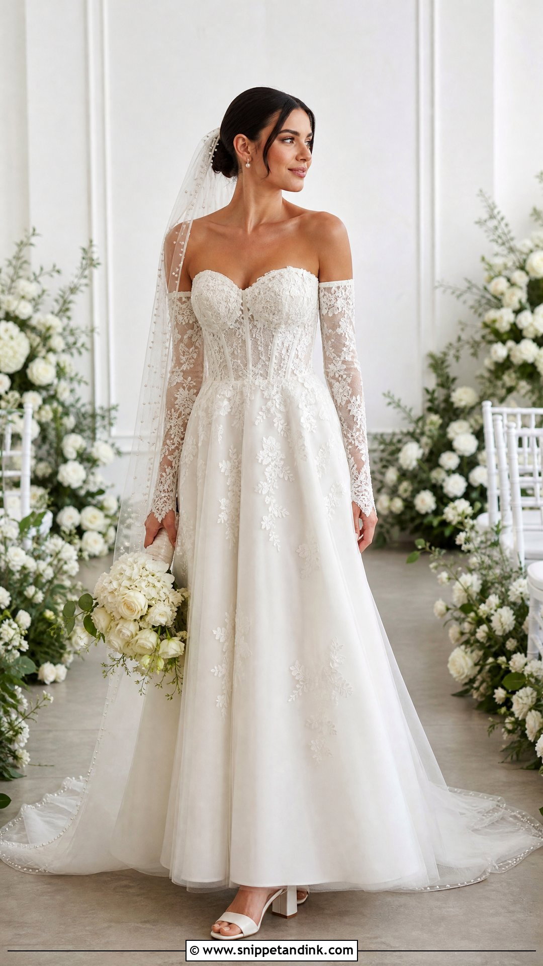 Corset Wedding Dress With Detachable Sleeves And Pearl Veil - Snippet and Ink - 20 Timeless Corset Wedding Dress Ideas