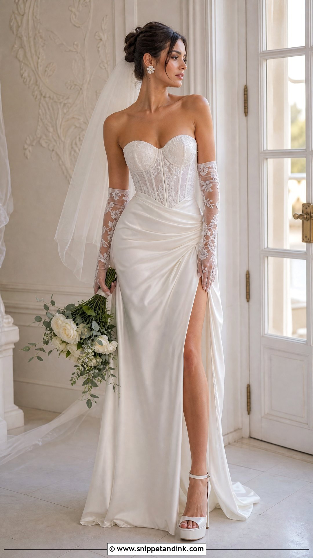 Corset Wedding Dress With Embroidered Gloves - Snippet and Ink - 20 Wedding Dress and Gloves Ideas