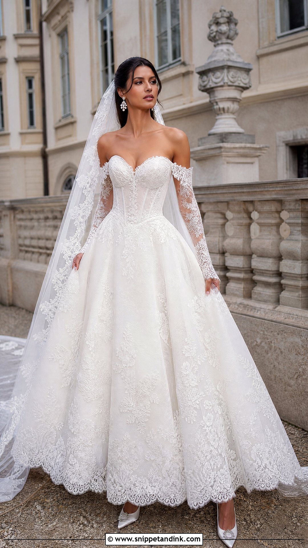 Corset Wedding Dress With Lace Off Shoulder Sleeves - Snippet and Ink - 20 Wedding Dresses Off the Shoulder Sleeves