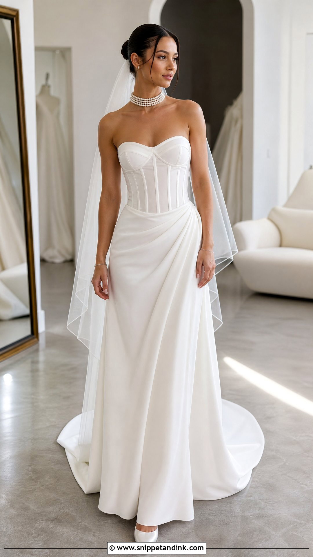 Corset Wedding Dress With Multi Strand Pearl Choker - Snippet and Ink - 20 Pearl Necklace Wedding Dress Ideas