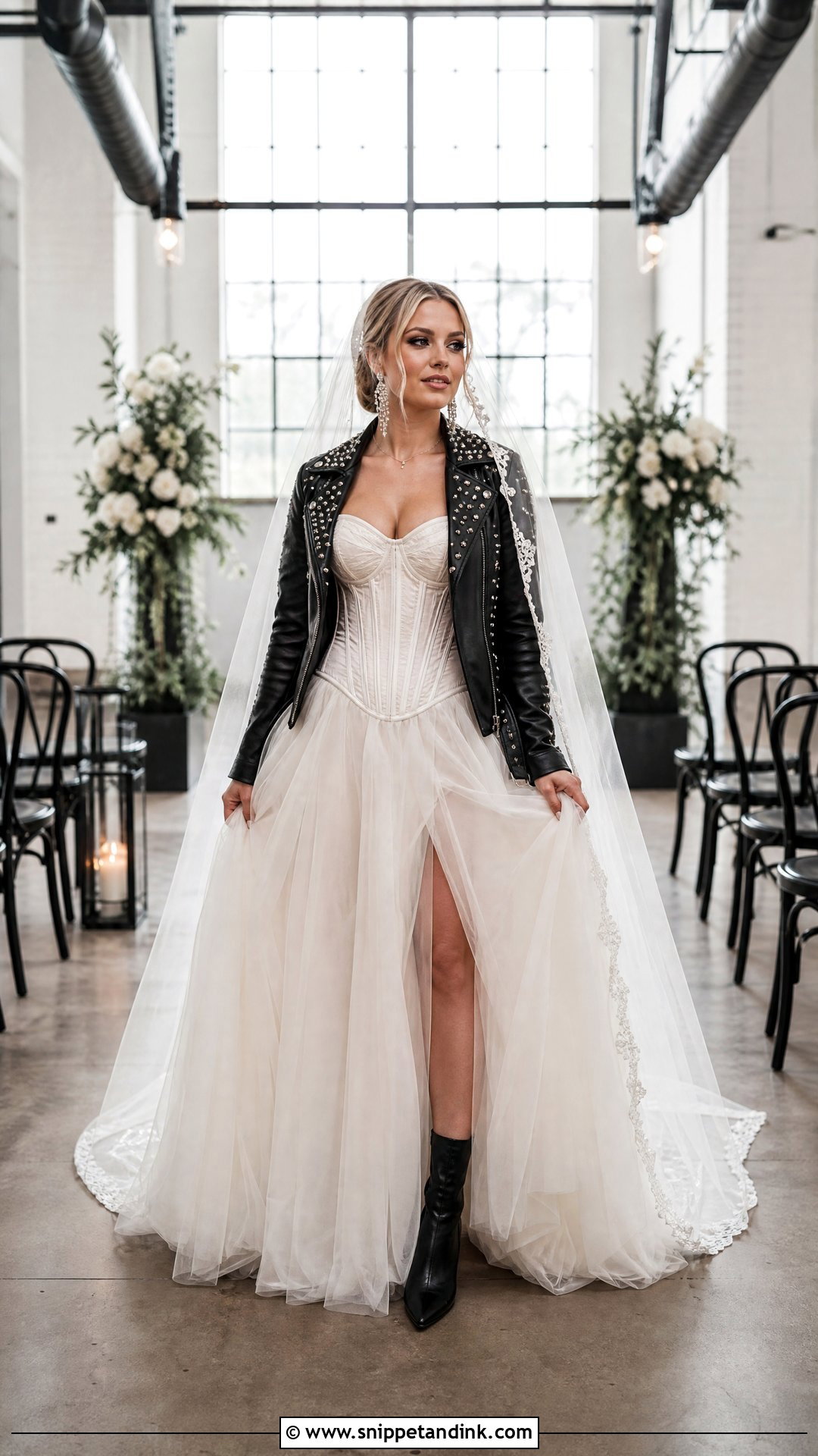 Corset Wedding Dress With Studded Leather Jacket - Snippet and Ink - 20 Rock and Roll Wedding Dress Ideas