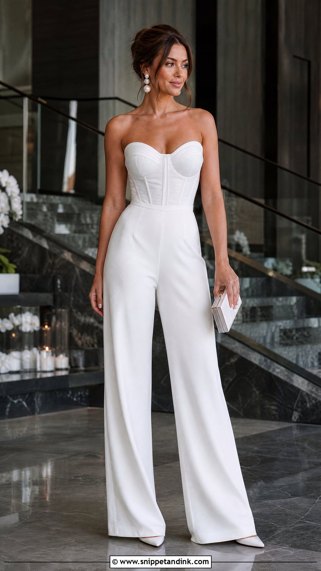 Corset White Bridal Jumpsuit With Statement Earrings - Snippet and Ink - 20 White Bridal Jumpsuit Ideas