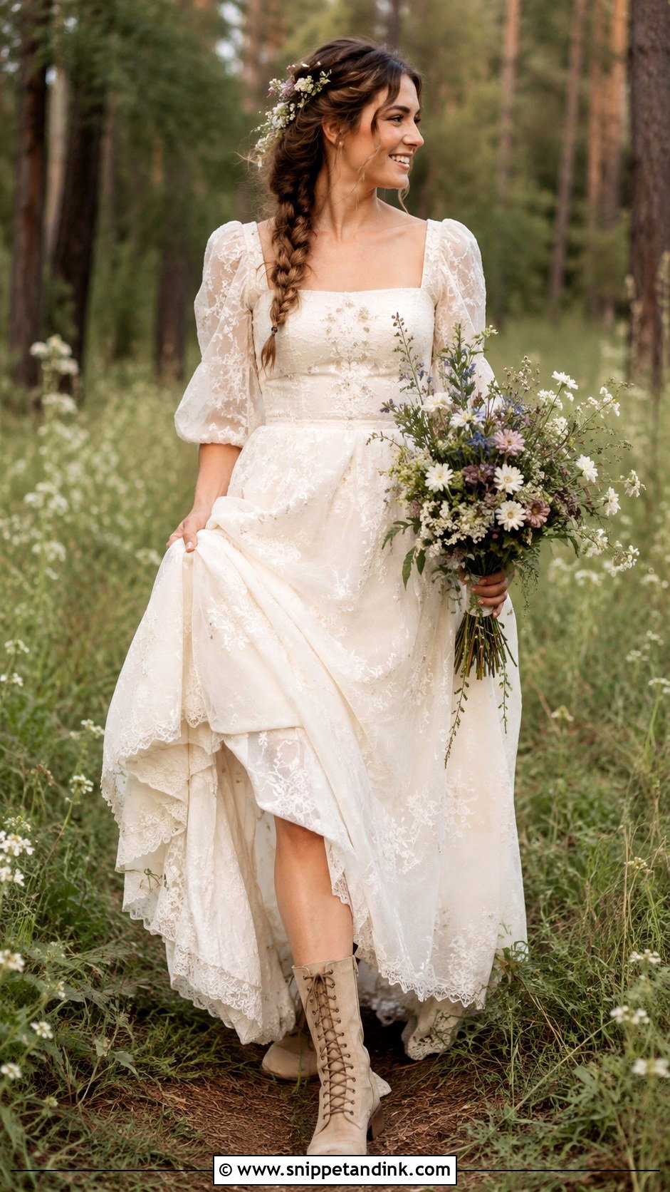 Cottagecore Wedding Dress With Lace Up Boots - Snippet and Ink - 25 Woodsy Wedding Dress Ideas