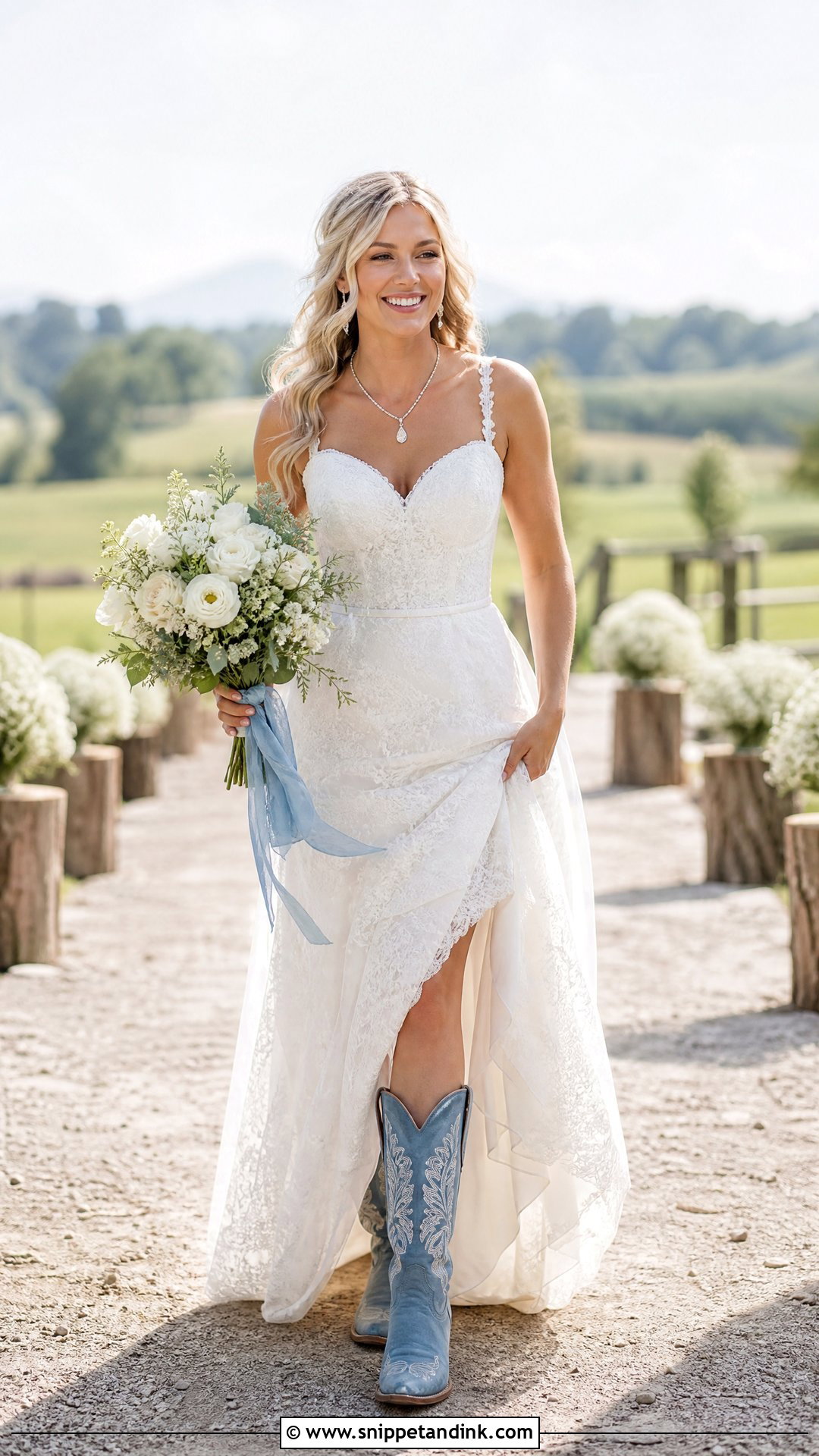 Country Wedding Dress With Blue Cowboy Boots - Snippet and Ink - 20 Wedding Cowboy Boots for Bride Ideas