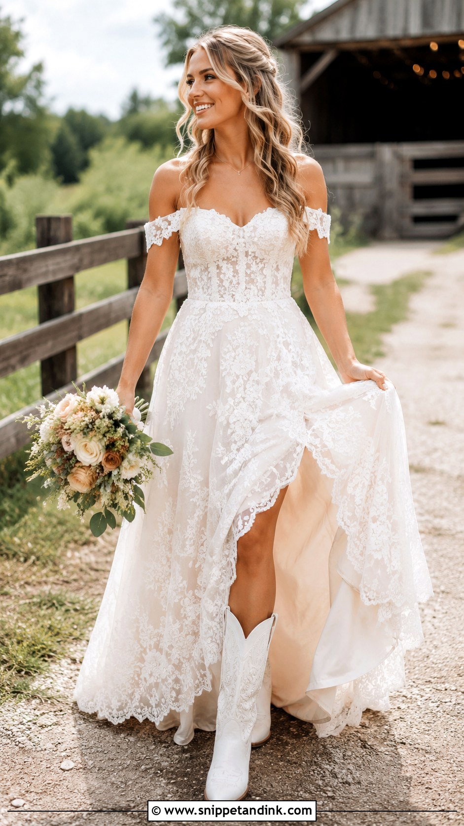 Country Wedding Dress With Off Shoulder Neckline - Snippet and Ink - 25 Country Wedding Dresses