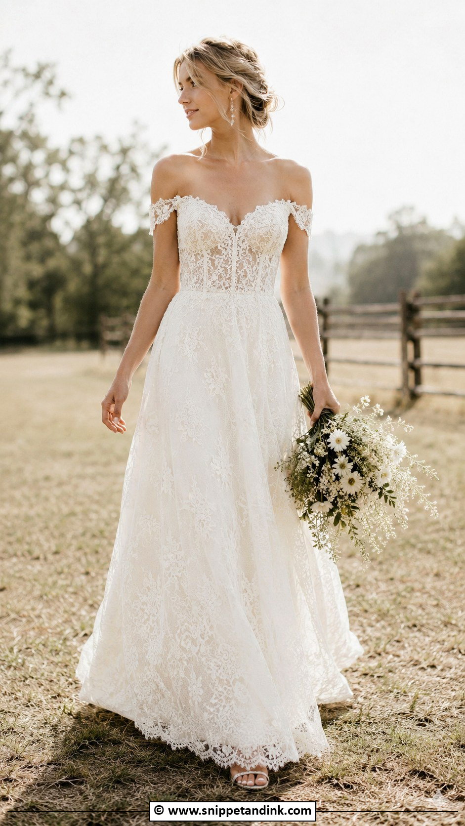 Country Wedding Dress With Off Shoulder Neckline - Snippet and Ink - 25 Country Chic Wedding Dresses