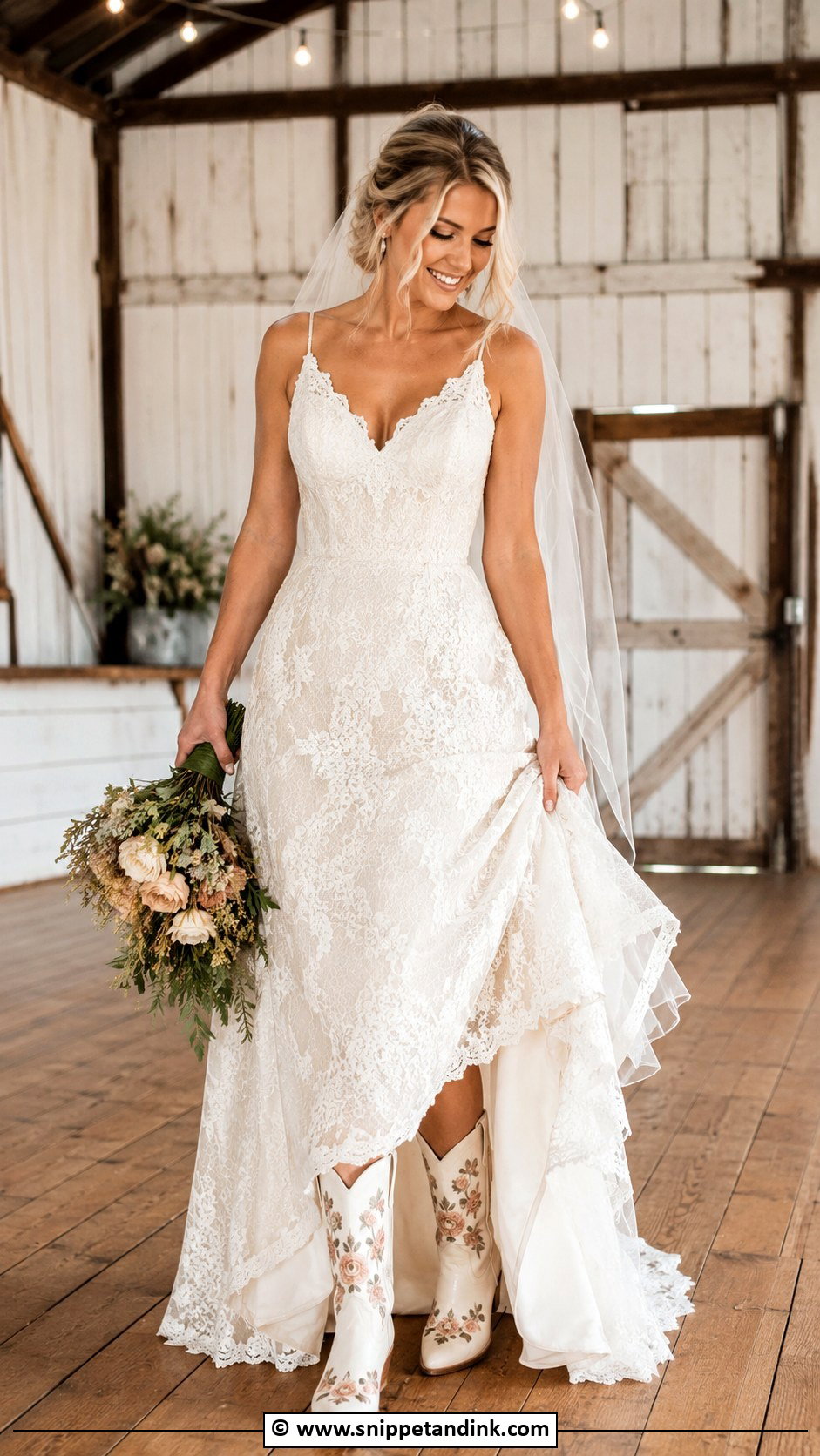 Country Wedding Dress With Reception Boots - Snippet and Ink - 25 Country Chic Wedding Dresses