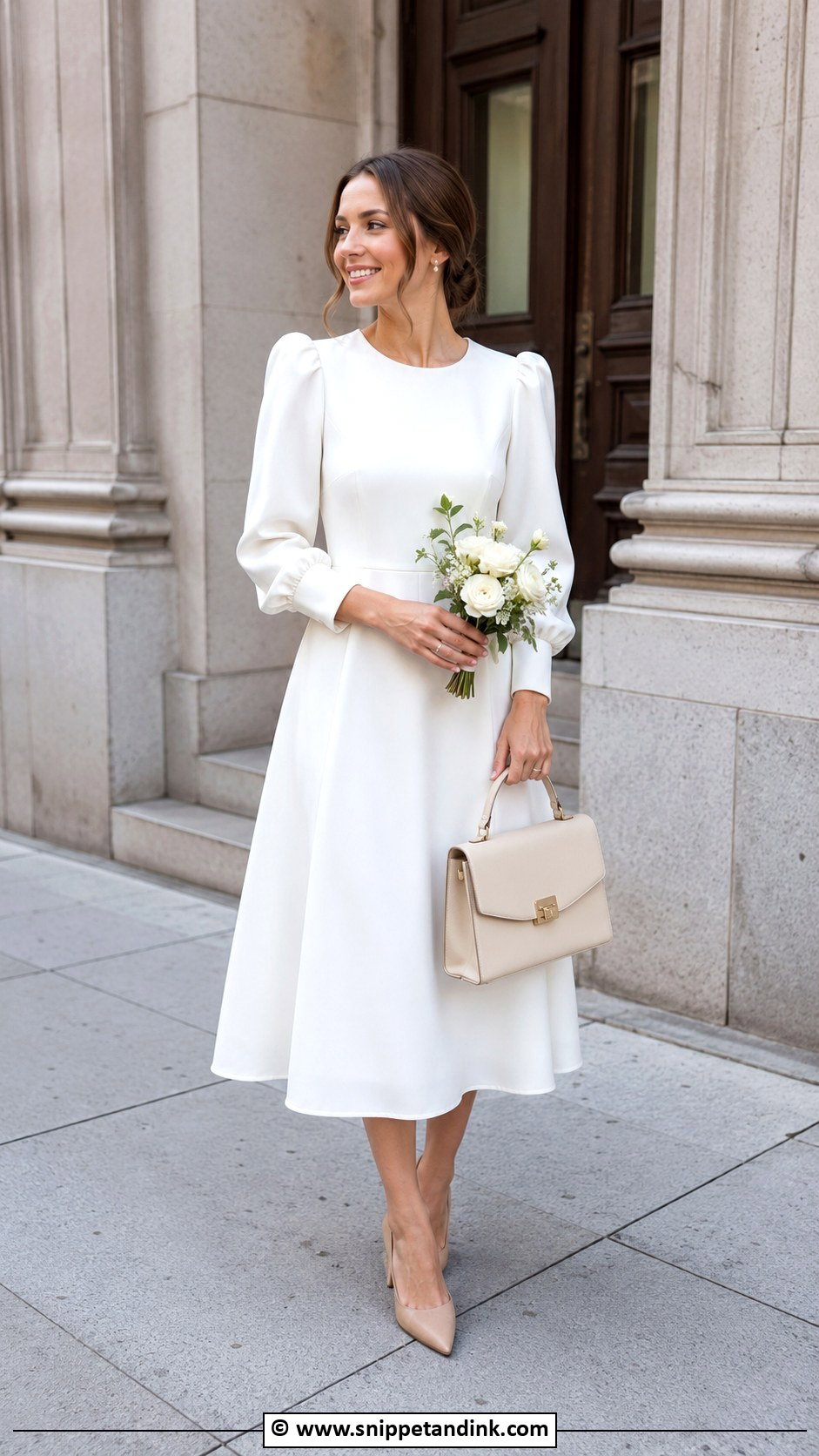 Court Wedding White Midi Dress - Snippet and Ink - 30 Court Wedding Outfit Ideas
