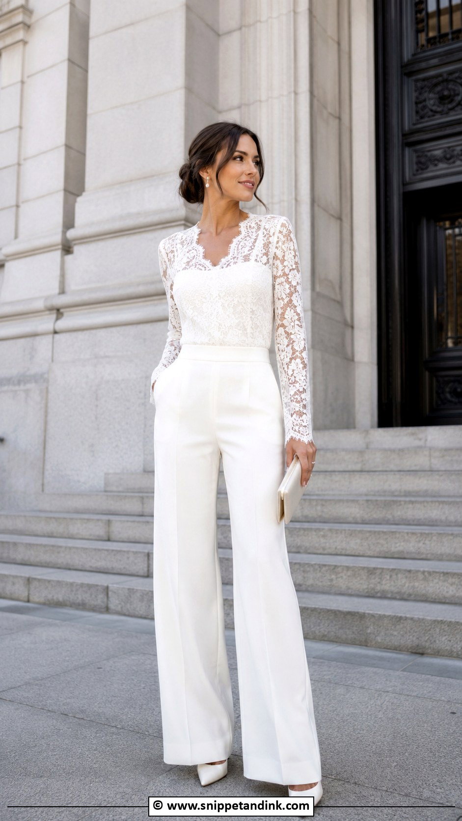 Court Wedding White Trousers And Bridal Top - Snippet and Ink - 30 Court Wedding Outfit Ideas