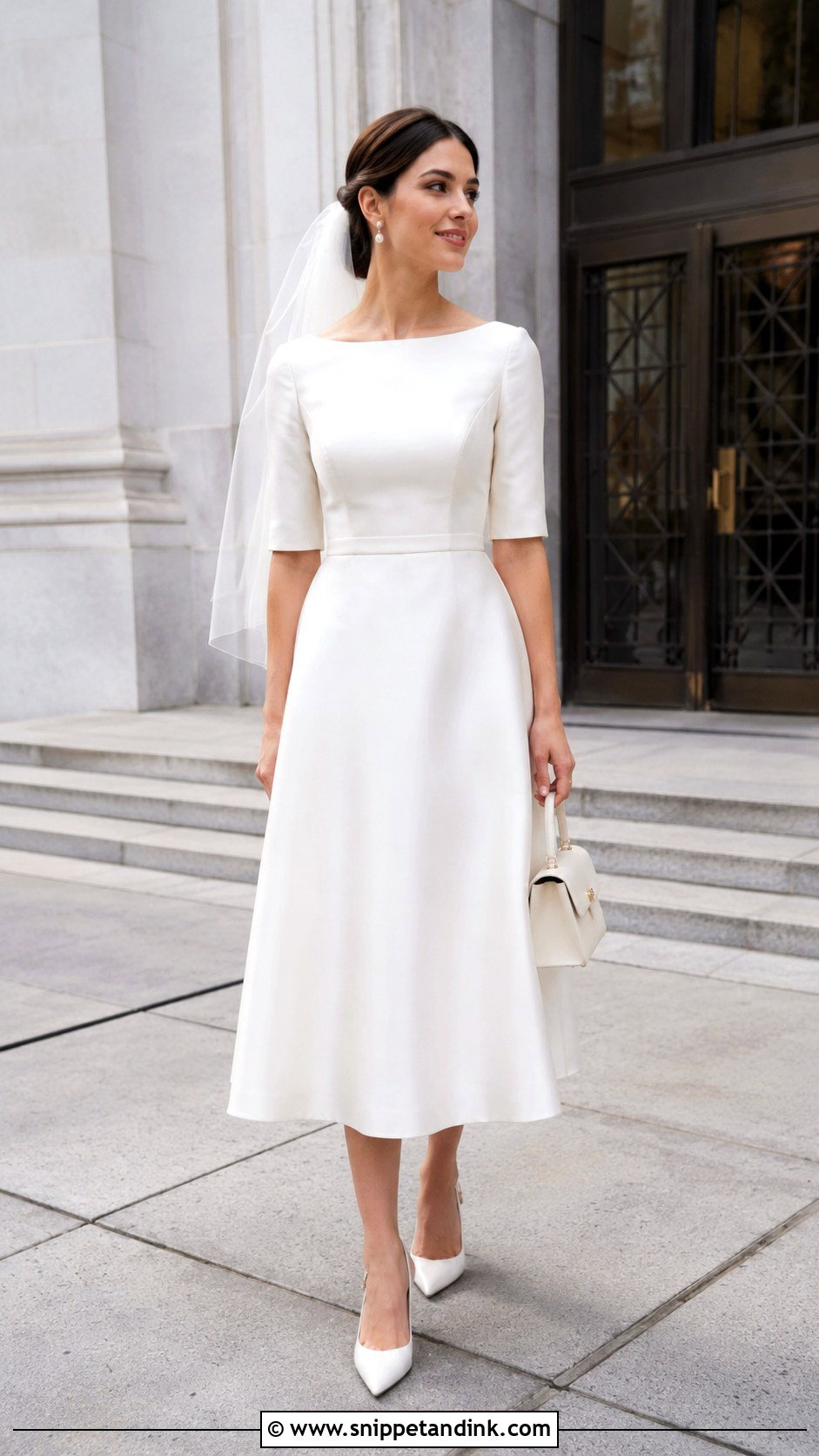 Courthouse Boat Neck Wedding Dress With Elbow Sleeves - Snippet and Ink - 20 Boat Neck Wedding Dress with Sleeves
