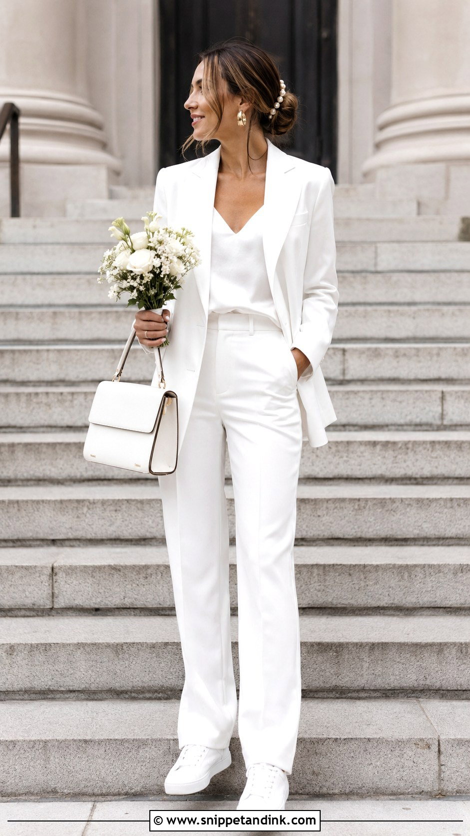Courthouse Bridal Suit With Clean White Sneakers - Snippet and Ink - 20 Bride with Sneakers Ideas