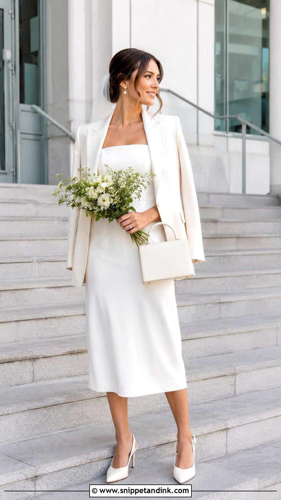 Courthouse Midi April Wedding Dress With Blazer - Snippet and Ink - 20 April Wedding Dress Ideas