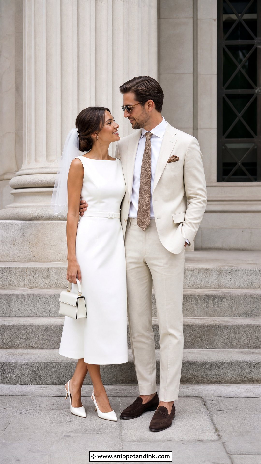 Courthouse Midi Dress And Cream Suit Outfit - Snippet and Ink - 25 Wedding Outfits for Couples