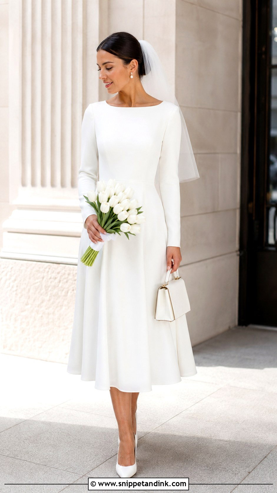 Courthouse Midi Wedding Dress With Long Sleeves - Snippet and Ink - 20 Modest Simple Wedding Dress Ideas