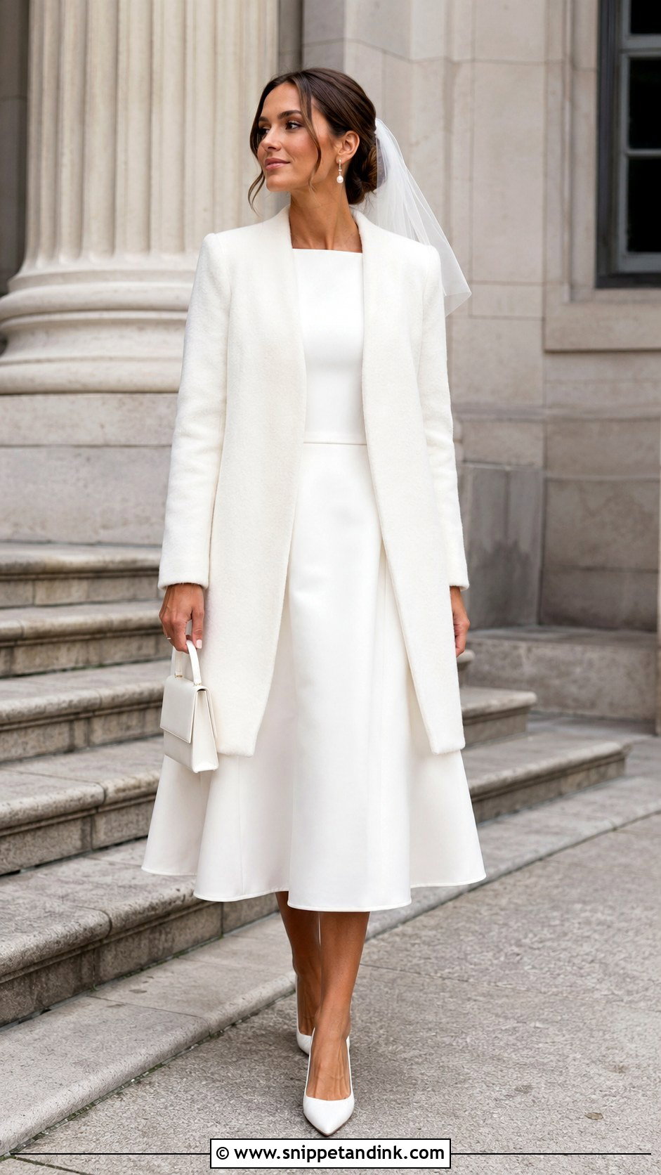Courthouse Midi Wedding Dress With White Coat - Snippet and Ink - 20 January Wedding Dress Ideas