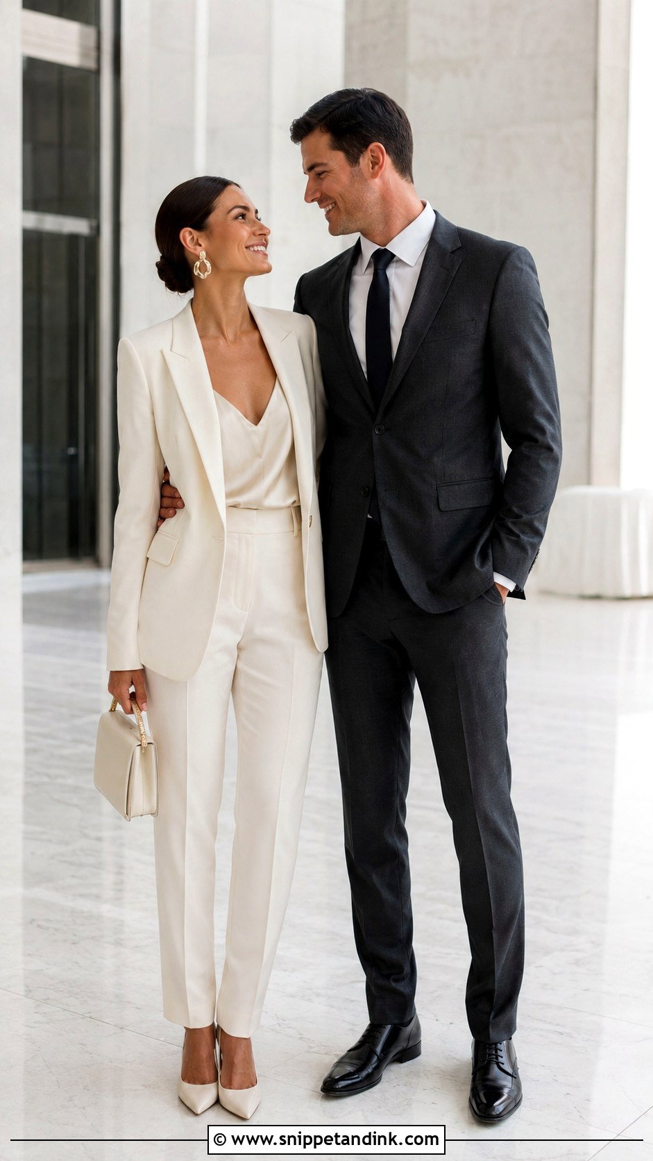 Courthouse Pantsuit and Tailored Suit Couple Wedding Outfit - Snippet and Ink - 20 Couple Dress for Wedding Ideas