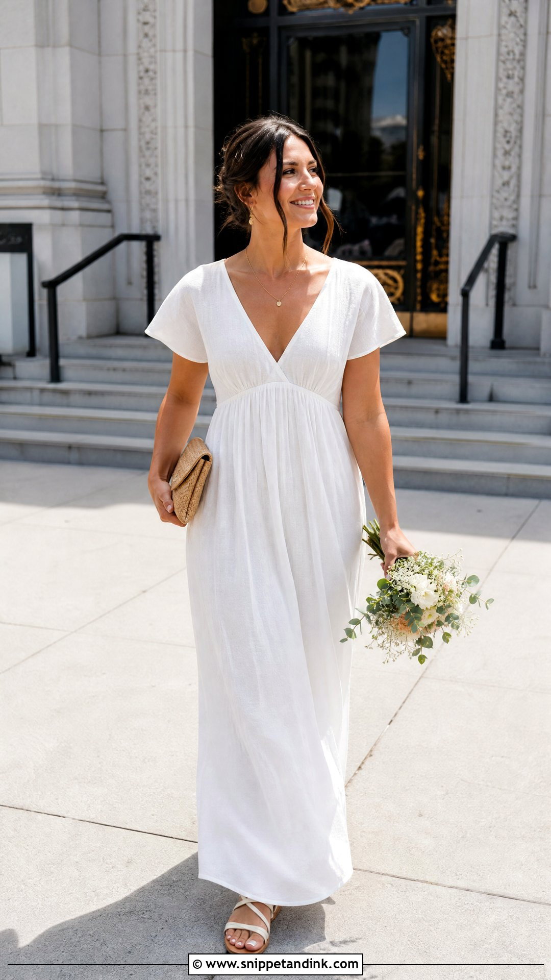 Courthouse Wedding Maxi Dress With Flat Sandals - Snippet and Ink - 20 Casual Courthouse Wedding Dress Ideas