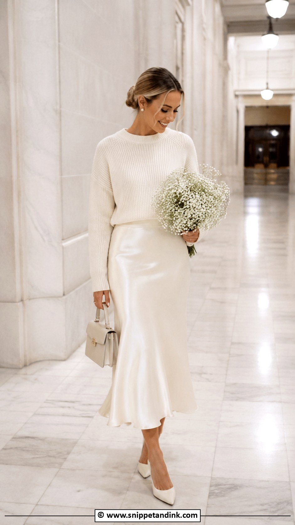 Courthouse Wedding Sweater And Satin Skirt - Snippet and Ink - 30 Courthouse Wedding Outfit Ideas