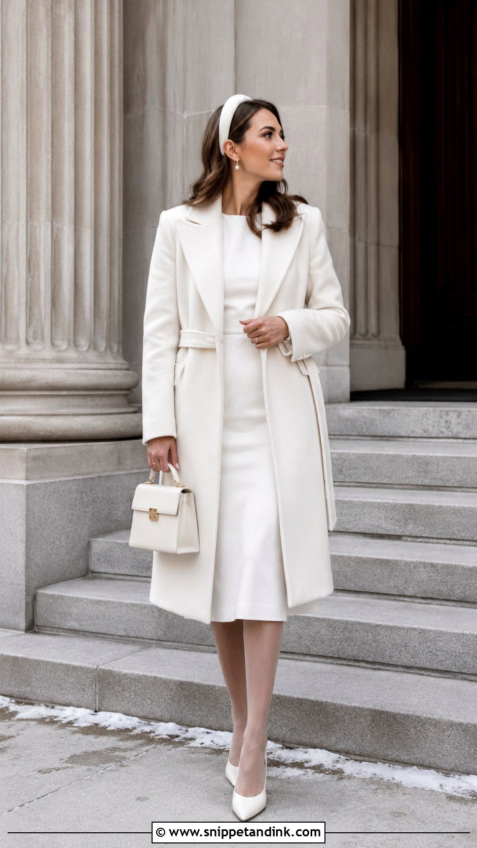 Courthouse Winter Bridal Midi Dress With Belted Coat - Snippet and Ink - 20 Winter Bridal Outfit Ideas