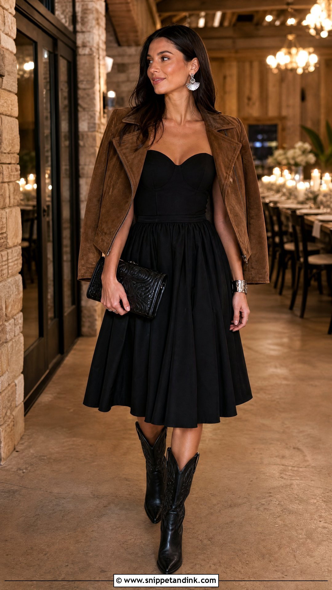 Cowboy Wedding Black Cocktail Dress With Silver Jewelry - Snippet and Ink - 25 Cowboy Wedding Attire Ideas