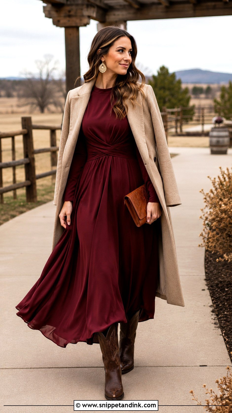 Cowboy Wedding Burgundy Long Sleeve Dress Outfit - Snippet and Ink - 20 Cowboy Wedding Outfits for Women