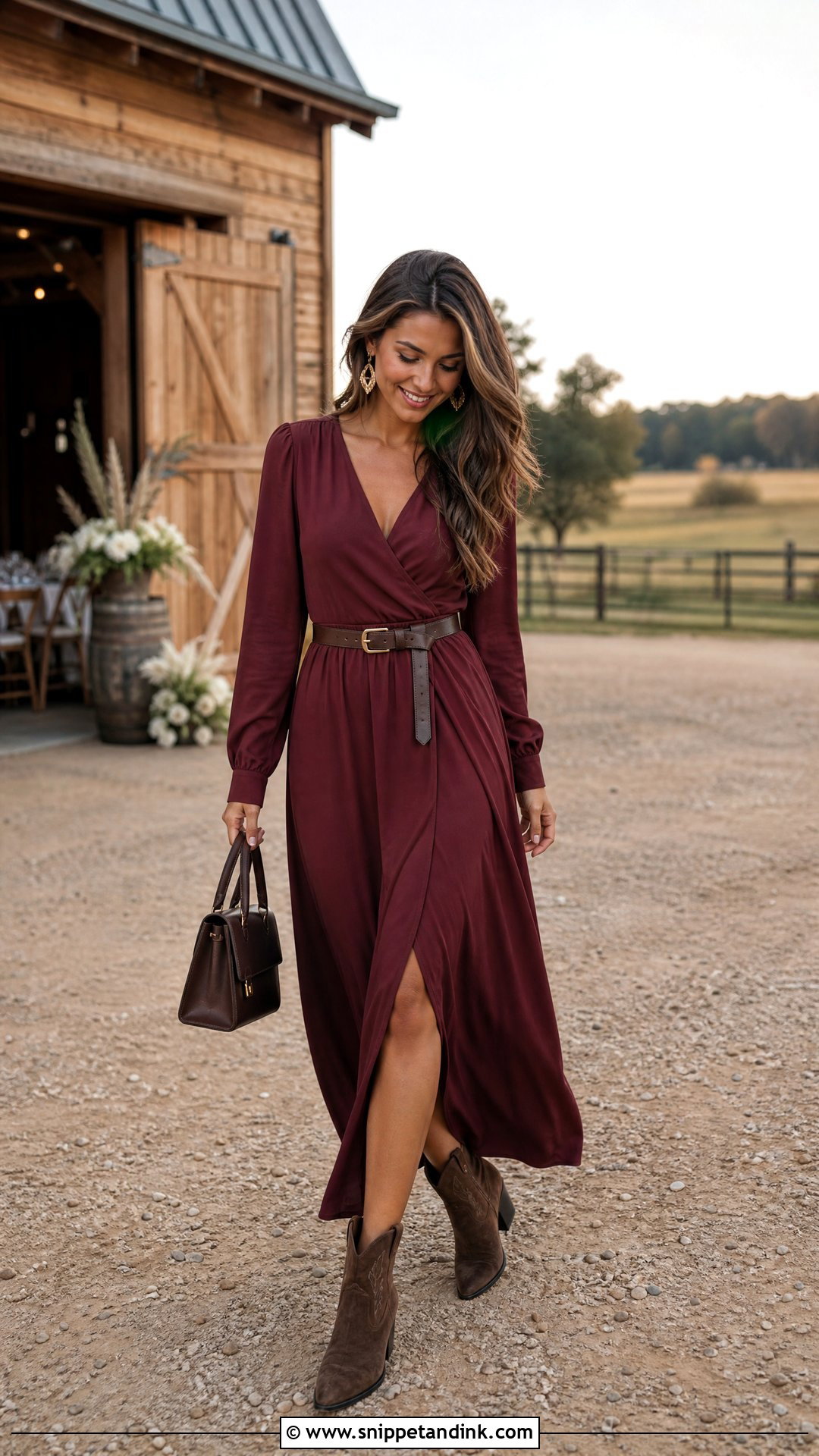 Cowboy Wedding Burgundy Maxi Dress With Ankle Boots - Snippet and Ink - 25 Cowboy Wedding Attire Ideas