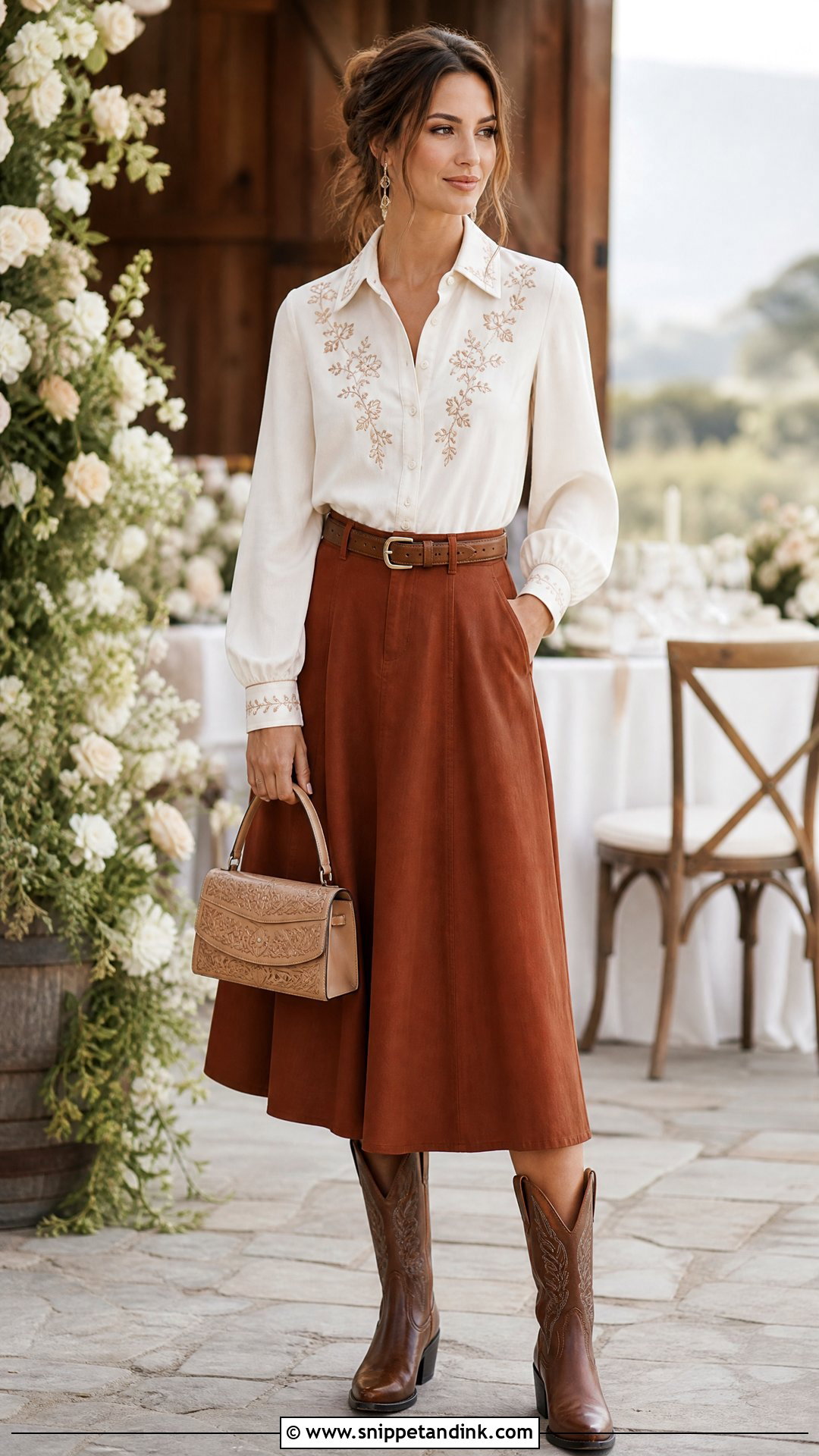 Cowboy Wedding Embroidered Blouse With Midi Skirt - Snippet and Ink - 25 Cowboy Wedding Attire Ideas