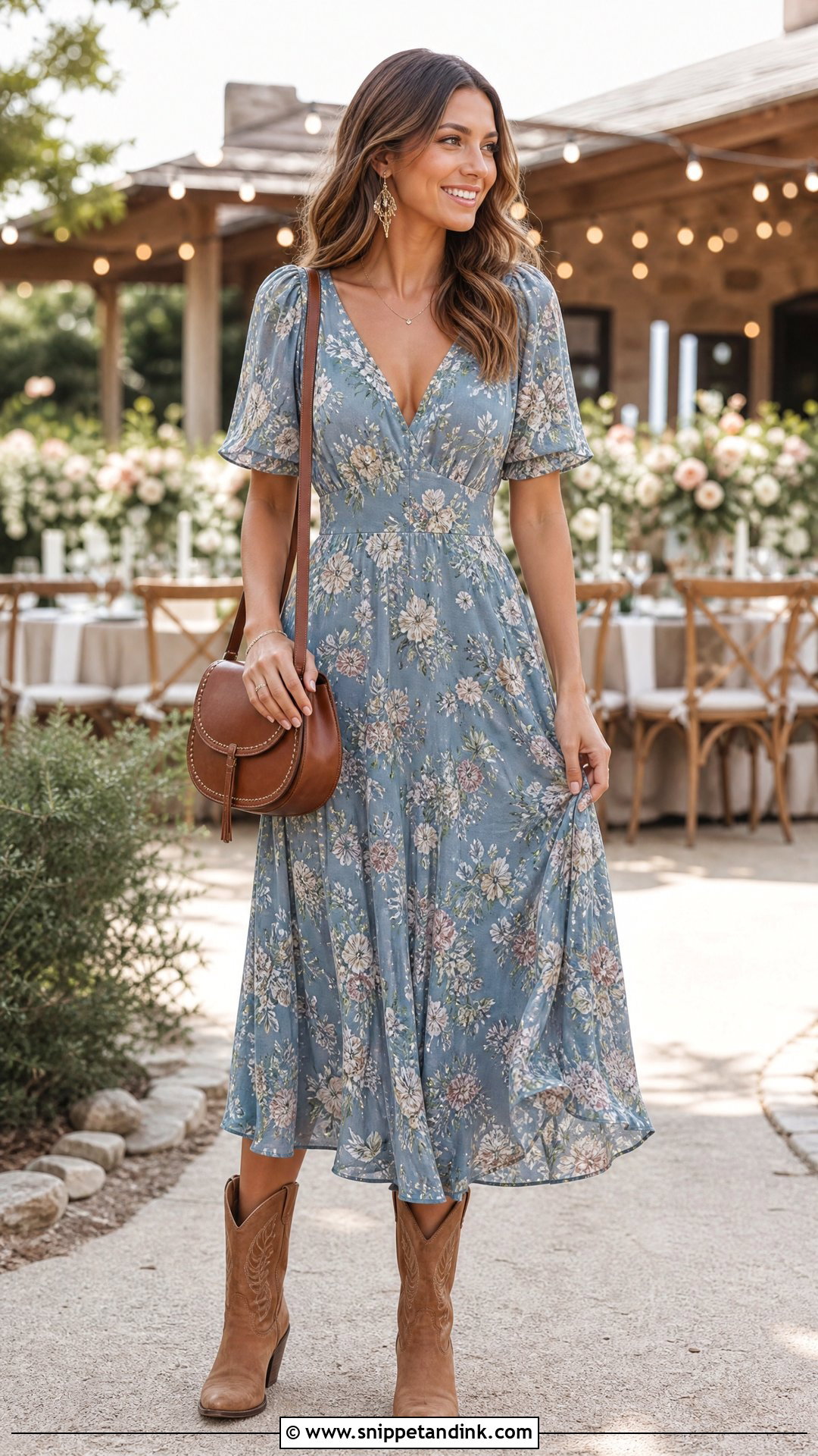 Cowboy Wedding Floral Midi Dress With Boots - Snippet and Ink - 25 Cowboy Wedding Attire Ideas
