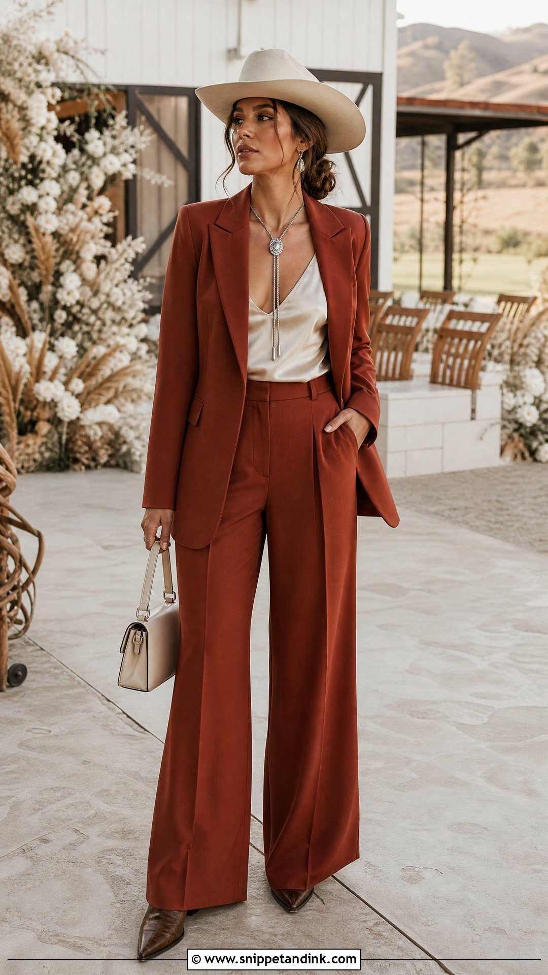 Cowboy Wedding Pantsuit With Bolo Necklace - Snippet and Ink - 25 Cowboy Wedding Attire Ideas