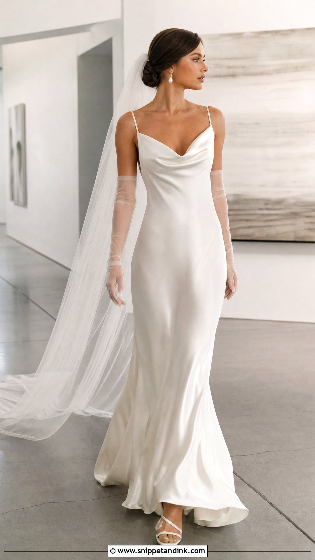 Cowl Neck Satin Slip Dress With Sheer Gloves - Snippet and Ink - 20 Satin Wedding Dress with Gloves Ideas
