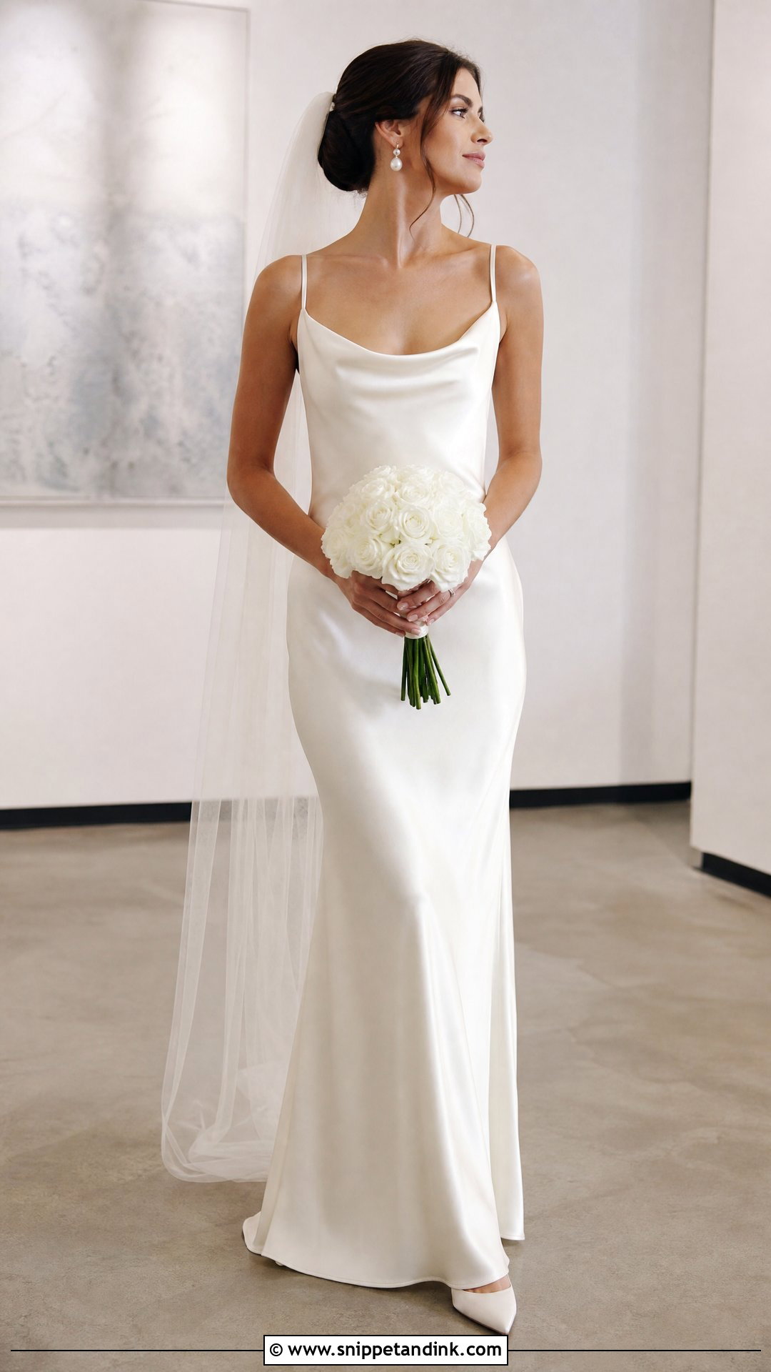 Cowl Neck Silk Slip Wedding Dress With Pearl Earrings - Snippet and Ink - 20 Silk Slip Wedding Dress Ideas