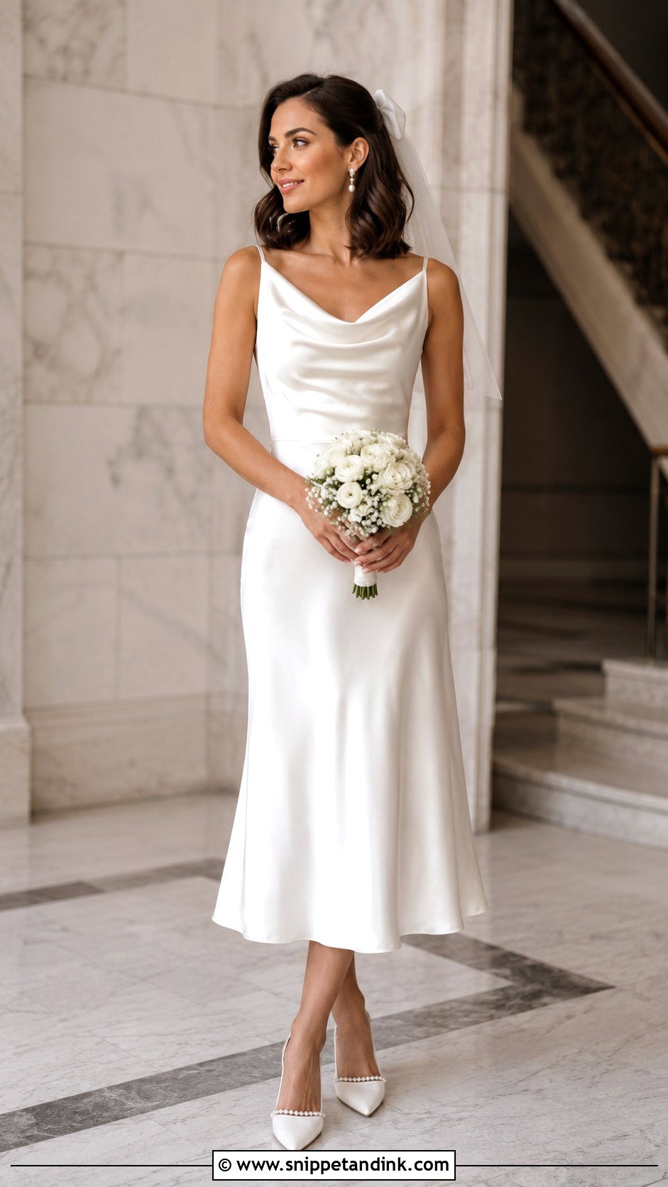 Cowl Neck Tea Length Satin Wedding Dress - Snippet and Ink - 20 David’s Bridal Wedding Dresses