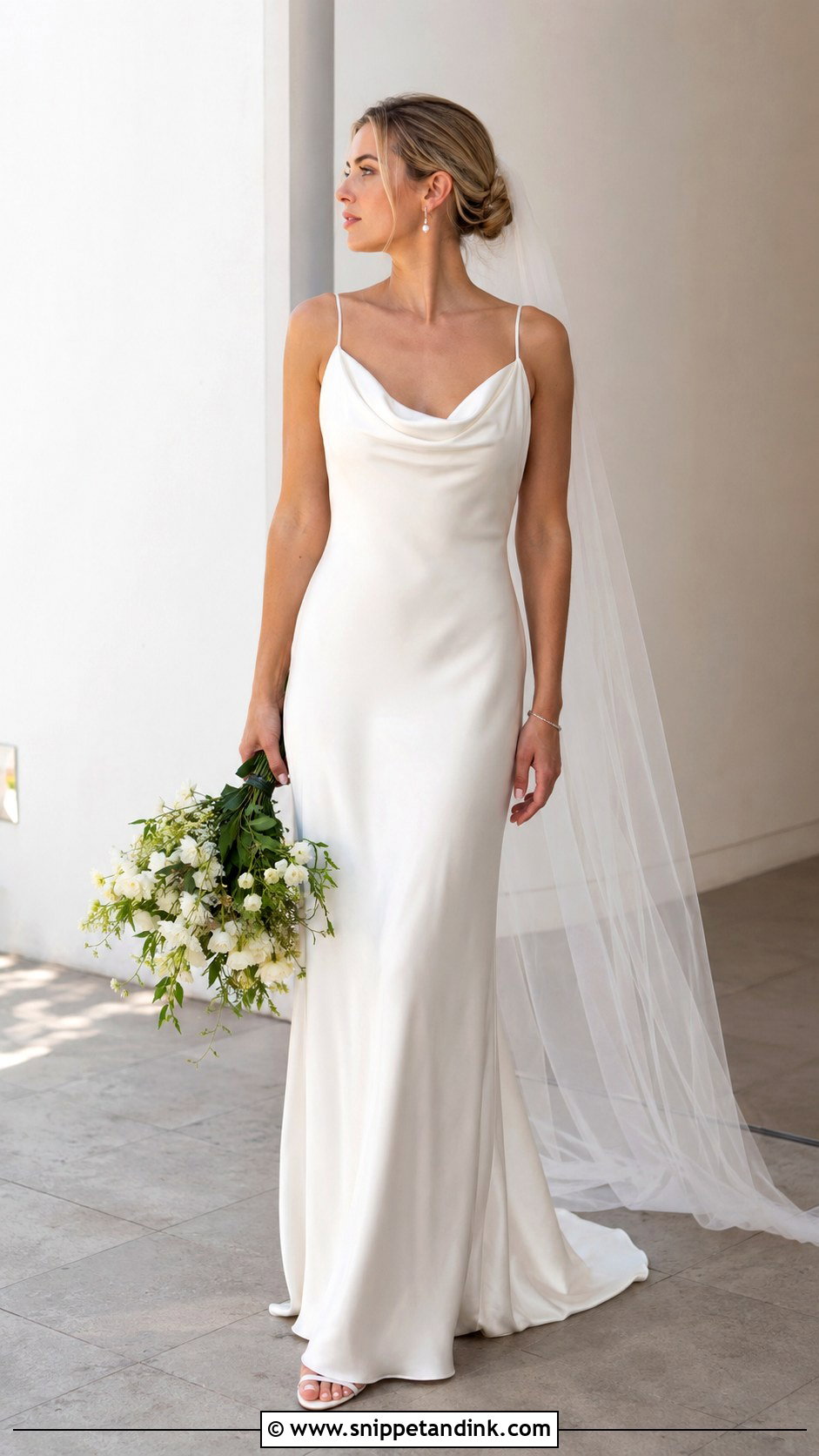 Cowl Neck Wedding Dress With Barely There Heels - Snippet and Ink - 20 Very Simple Wedding Dress Ideas