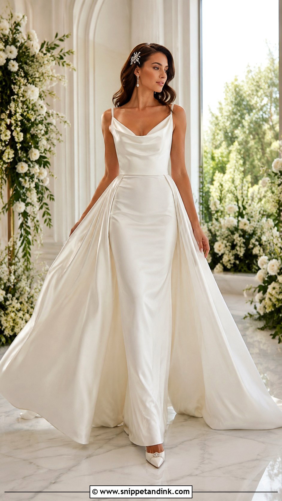 Cowl Neck Wedding Dress With Overskirt - Snippet and Ink - 20 Broad Shoulder Wedding Dress Ideas