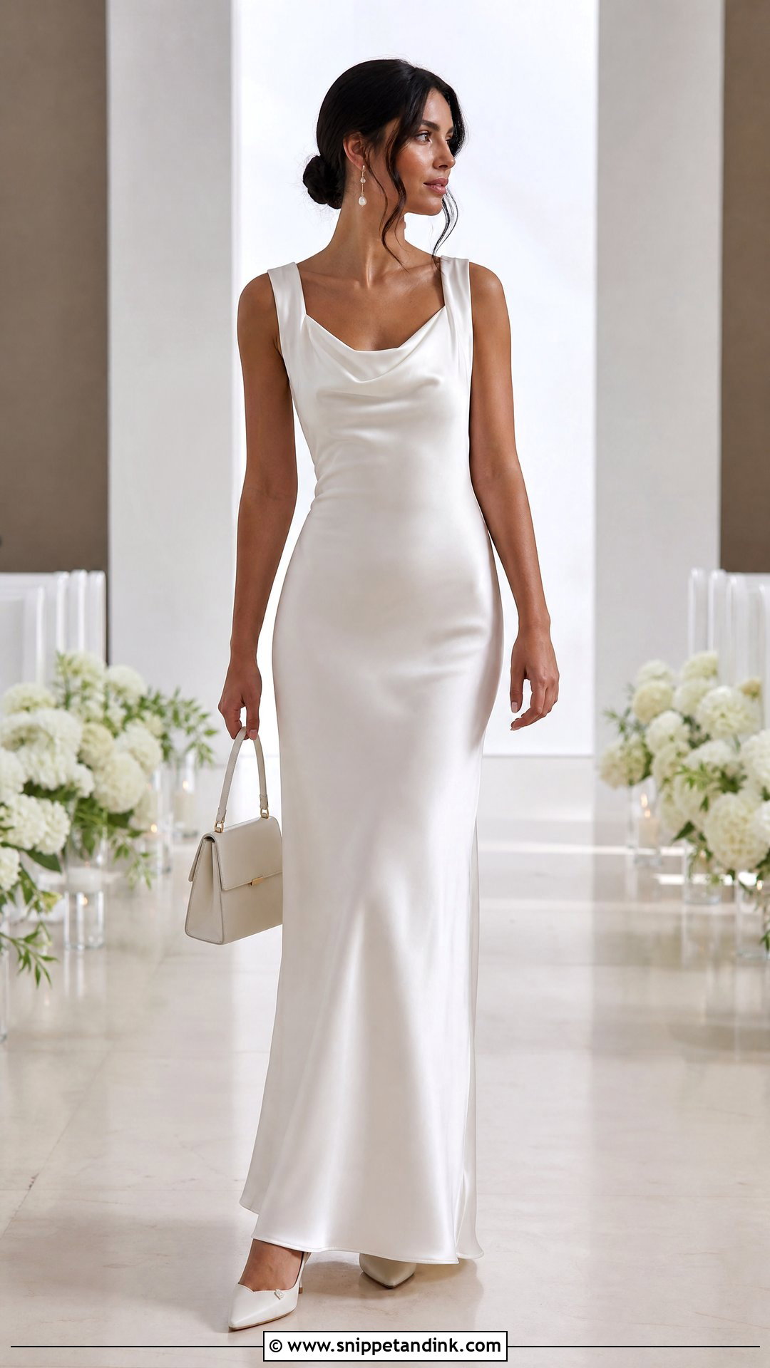 Cowl Neck Wedding Dress With Pearl Earrings - Snippet and Ink - 20 Jennifer Aniston Wedding Dress Ideas