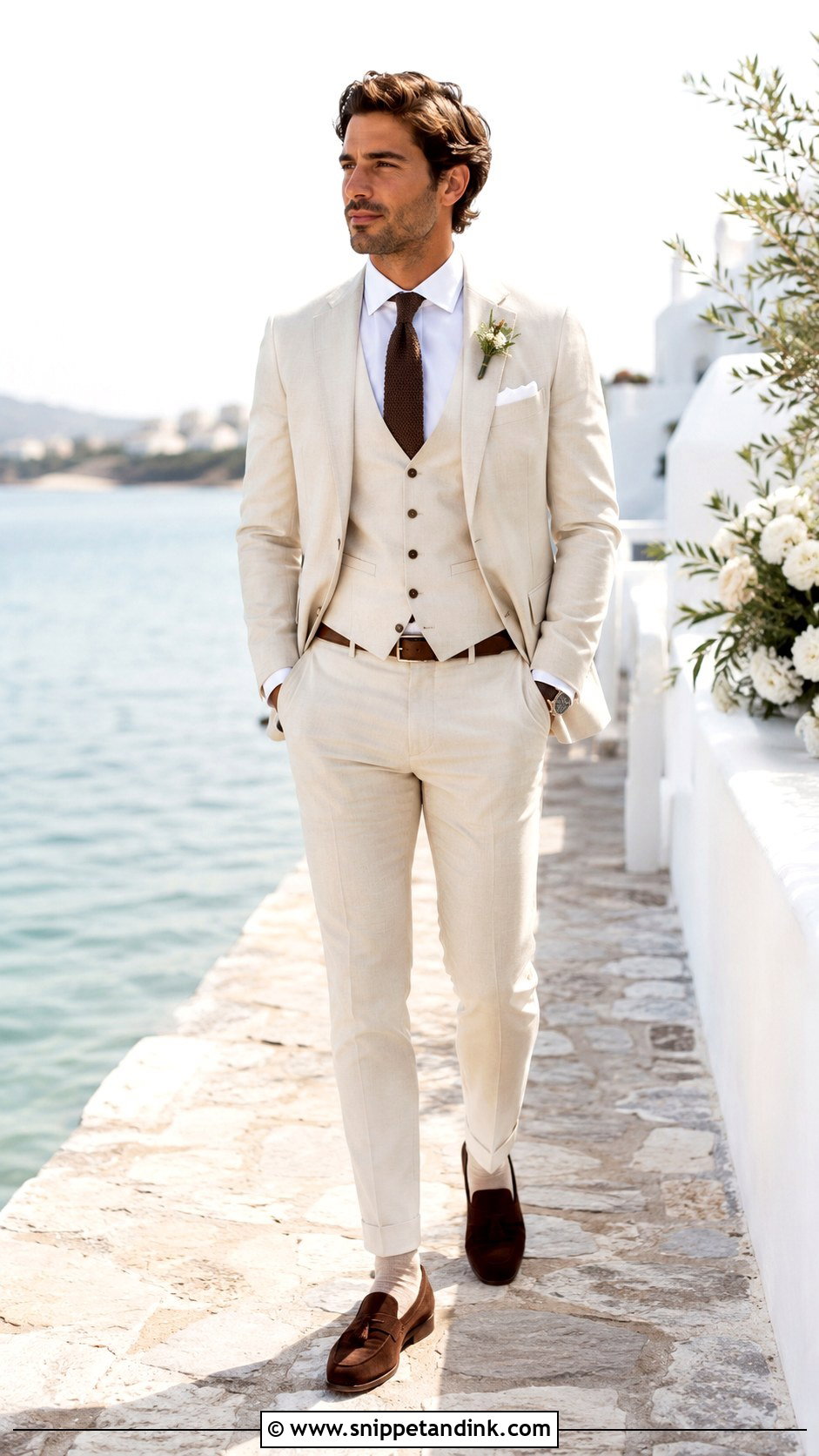 Cream 3 Piece Wedding Suit With Brown Accessories - Snippet and Ink - 20 3 Piece Suit Wedding Ideas