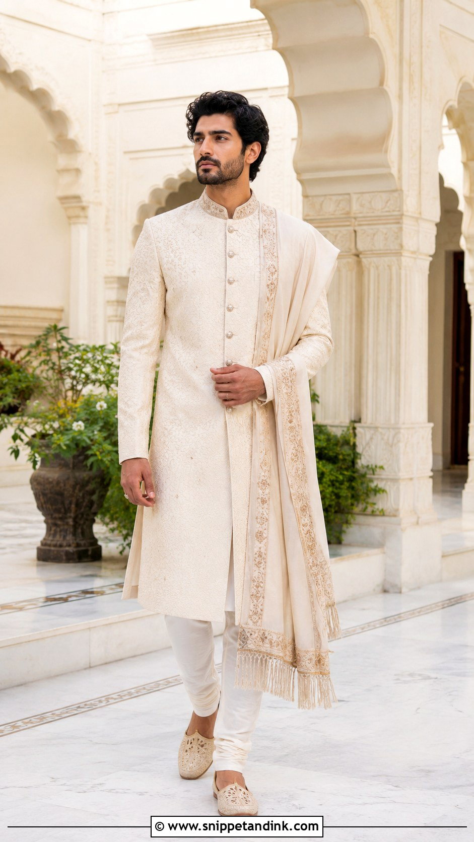 Cream Achkan Wedding Outfit - Snippet and Ink - 25 Ranbir Kapoor Wedding Outfit Ideas
