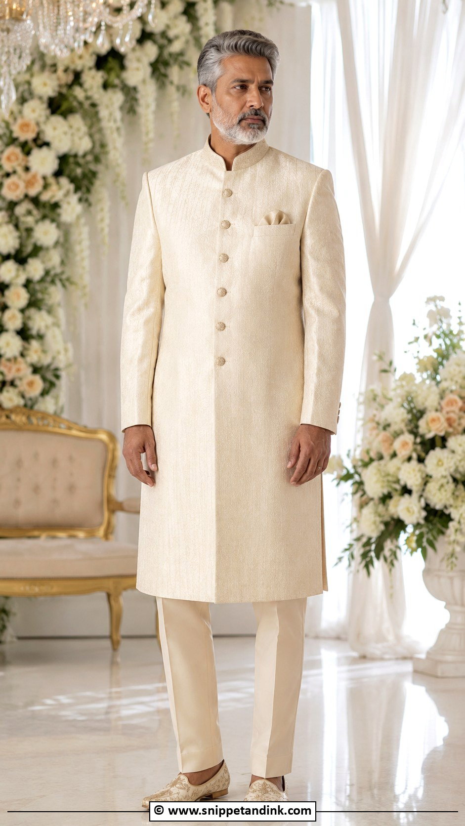 Cream Achkan With Straight Pants - Snippet and Ink - 25 Indian Bride's Father Outfit Ideas