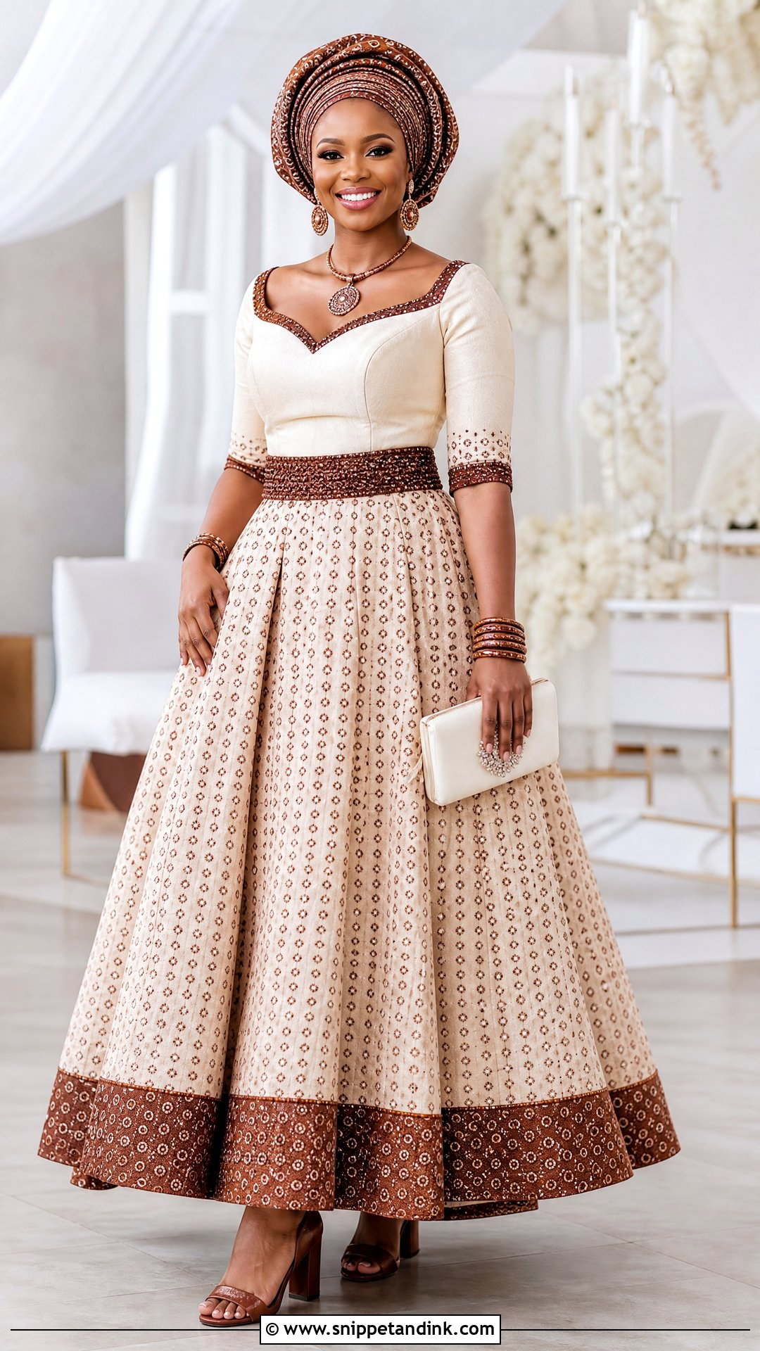 Cream And Brown Shweshwe Ball Gown - Snippet and Ink - 20 Shweshwe Dresses South Africa Traditional Weddings