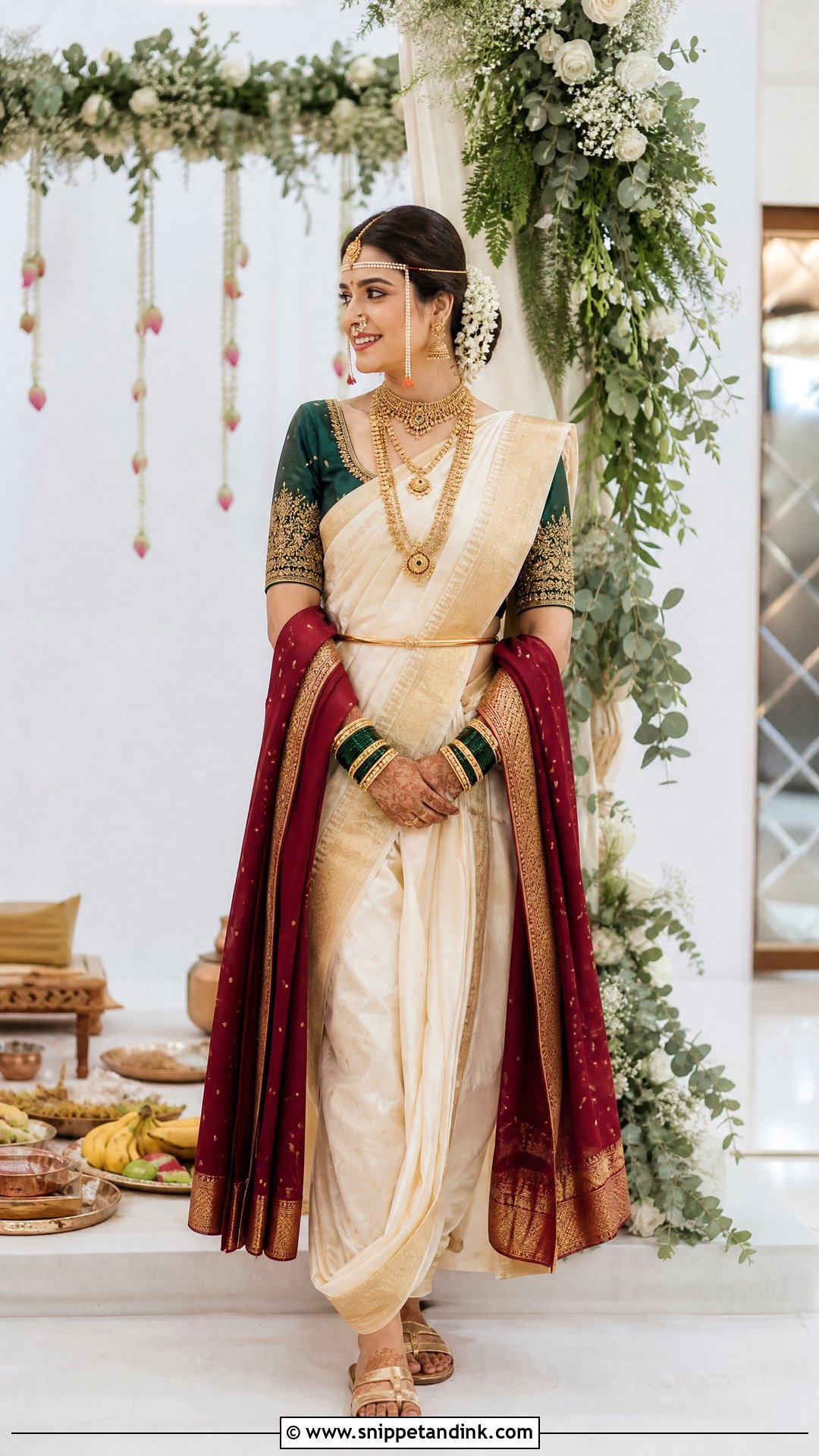 Cream And Gold Nauvari Bride Look - Snippet and Ink - 20 Nauvari Bride Look Ideas