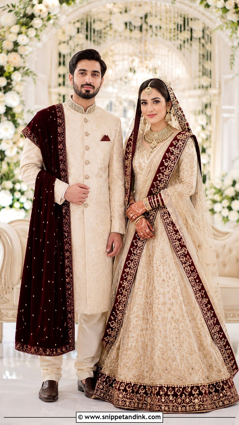 Cream And Maroon Nikkah Couple Outfit - Snippet and Ink - 25 Nikkah Couple Outfit Ideas