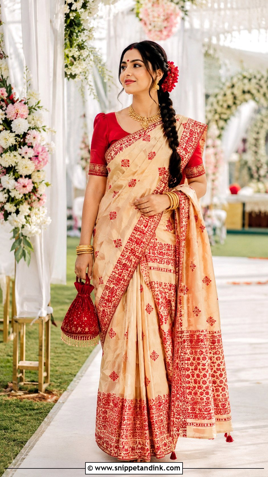 Cream And Red Assamese Wedding Mekhela Sador - Snippet and Ink - 20 Assamese Wedding Dress Ideas