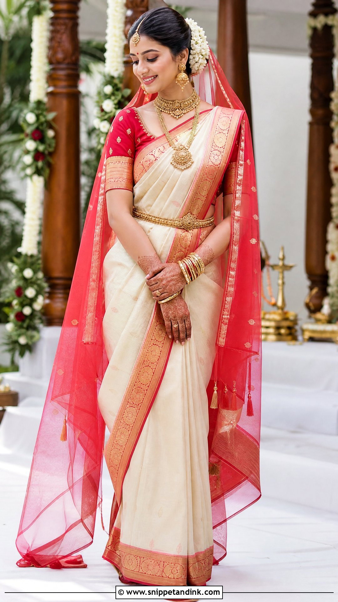 Cream And Red Temple Border Saree Vaidik Marriage Dress - Snippet and Ink - 20 Vaidik Marriage Dress Ideas
