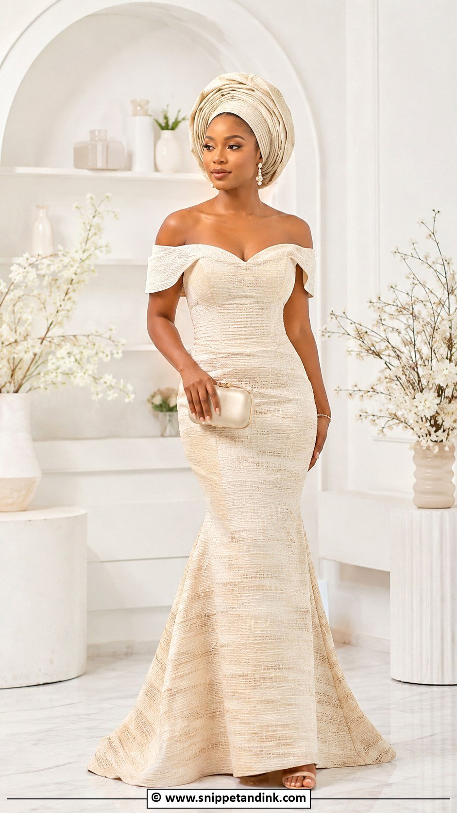 Cream Asooke Off Shoulder Dress - Snippet and Ink - 25 Asooke Styles for Brides