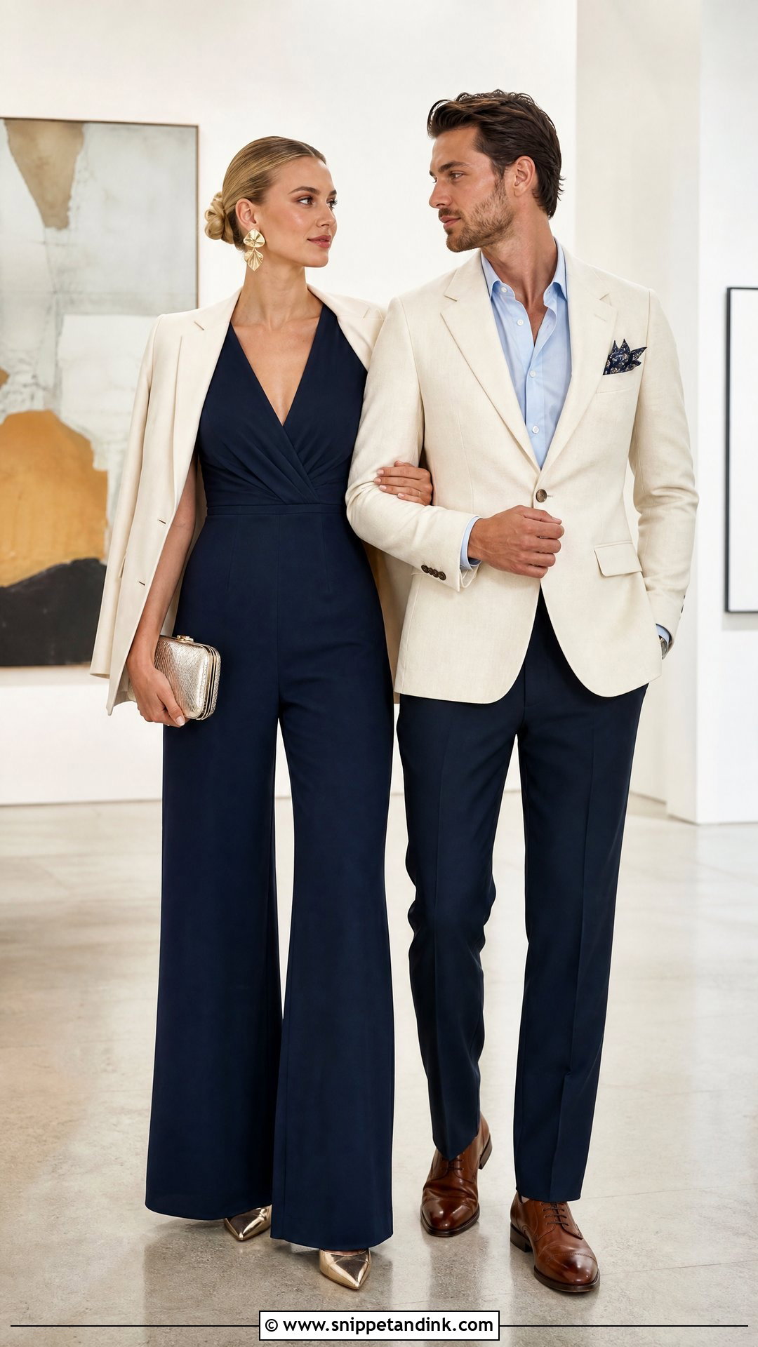 Cream Blazer And Navy Jumpsuit Wedding Outfit - Snippet and Ink - 20 Wedding Date Outfit Couple Ideas