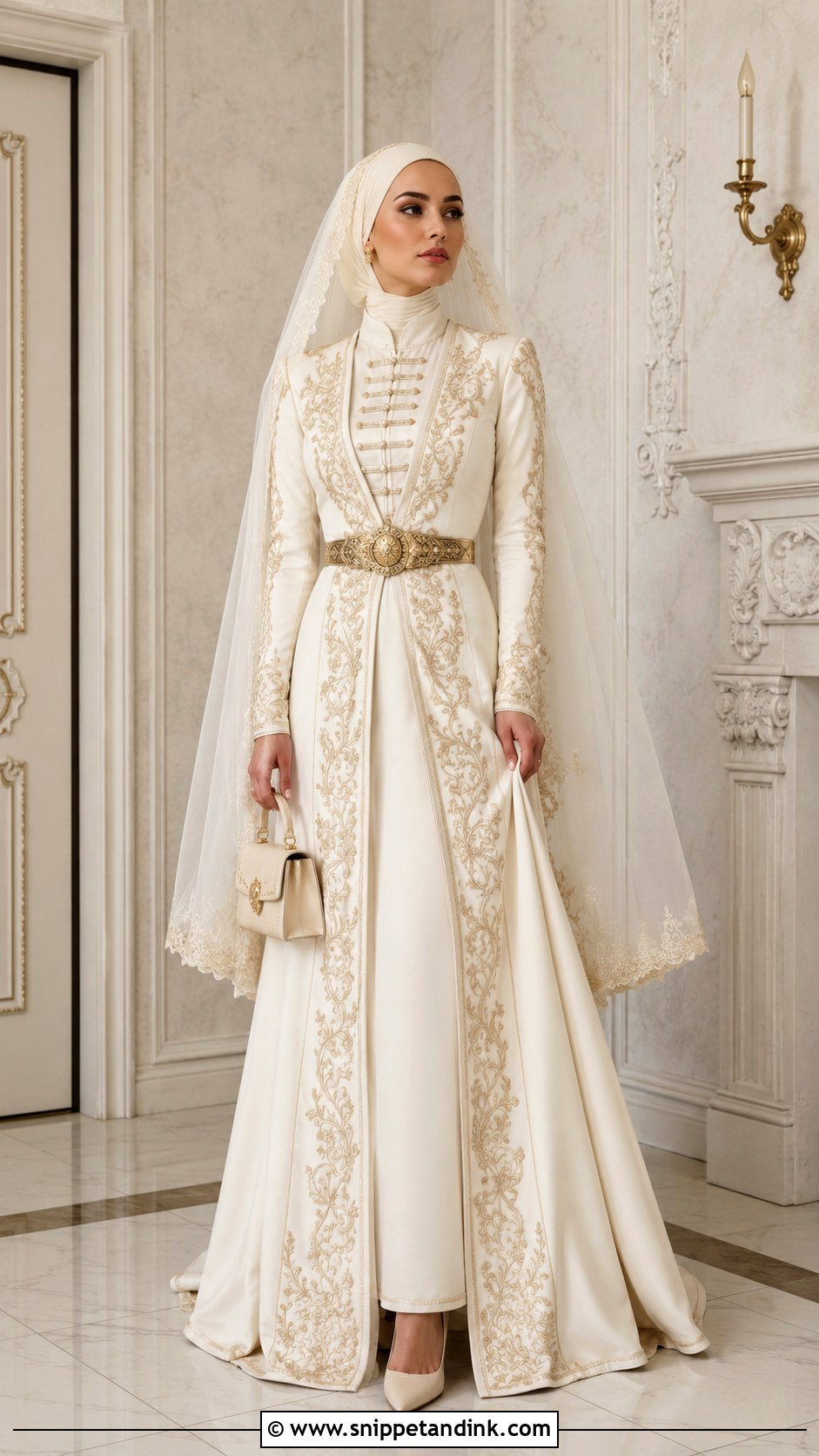 Cream Chechen Wedding Dress With Antique Gold Belt - Snippet and Ink - 20 Chechen Wedding Dresses