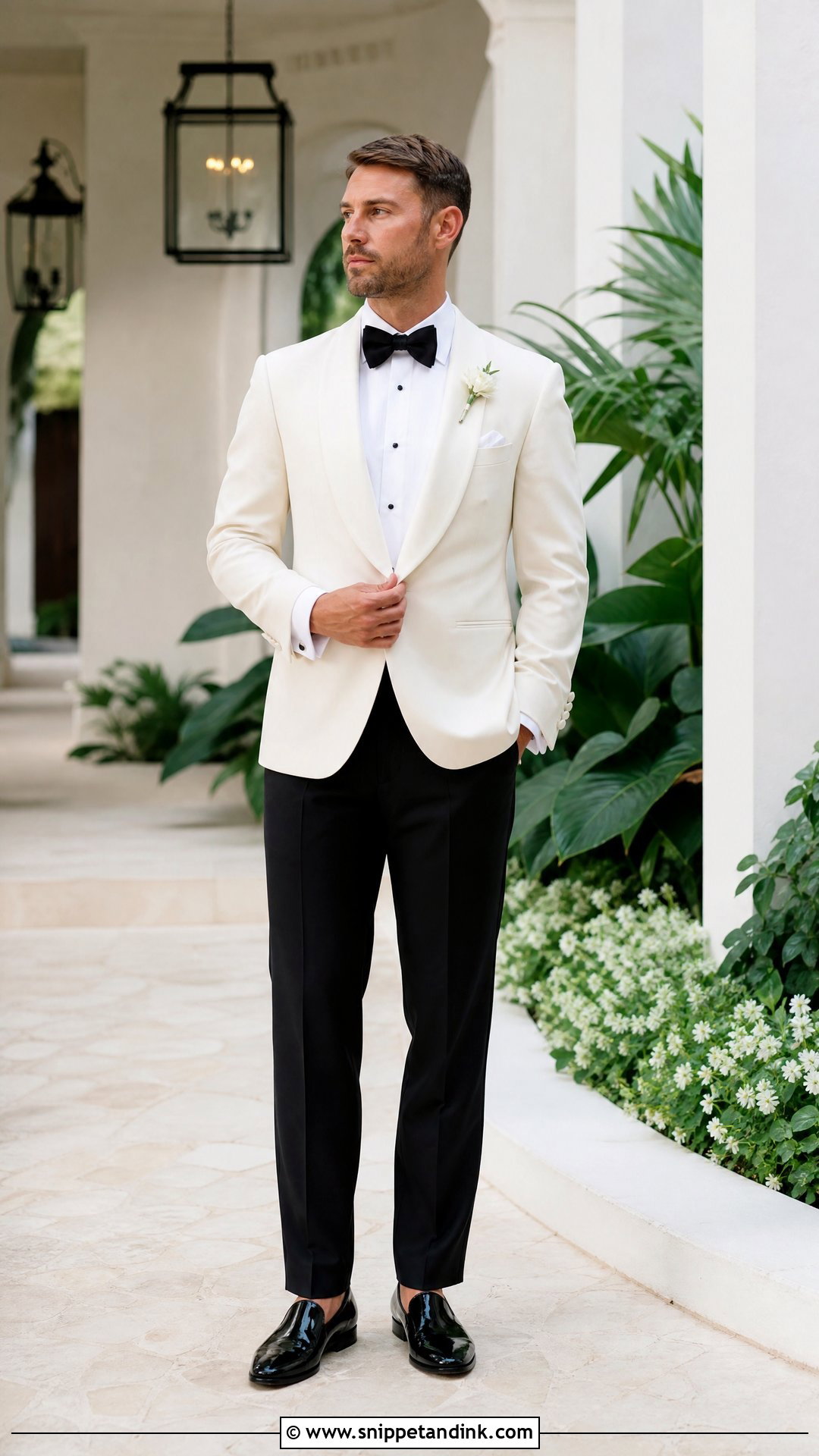 Cream Dinner Jacket With Black Wedding Bow Tie - Snippet and Ink - 20 Wedding Tie Ideas