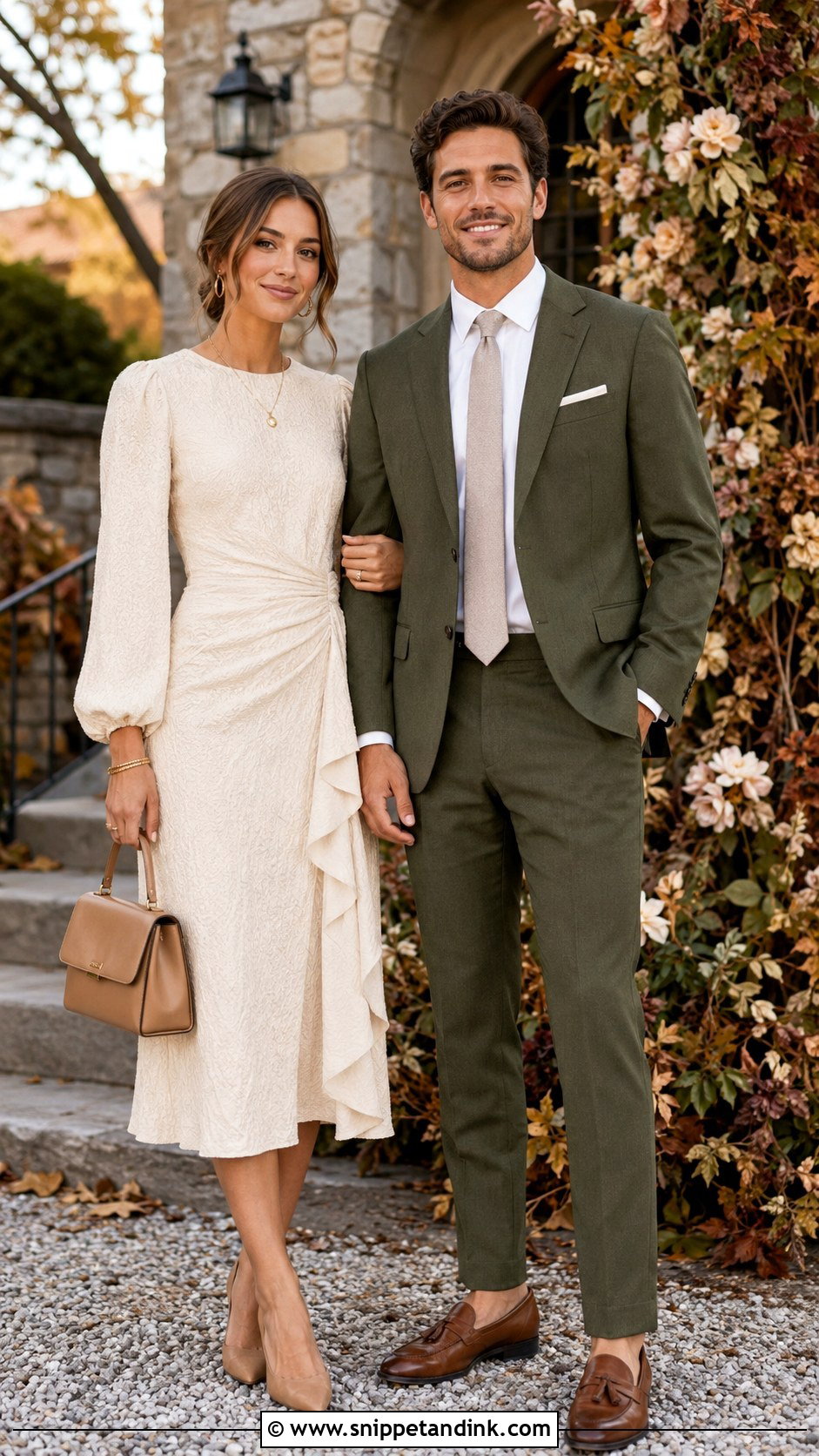 Cream Dress and Olive Green Suit - Snippet and Ink - 20 Matching Dress and Suit Ideas