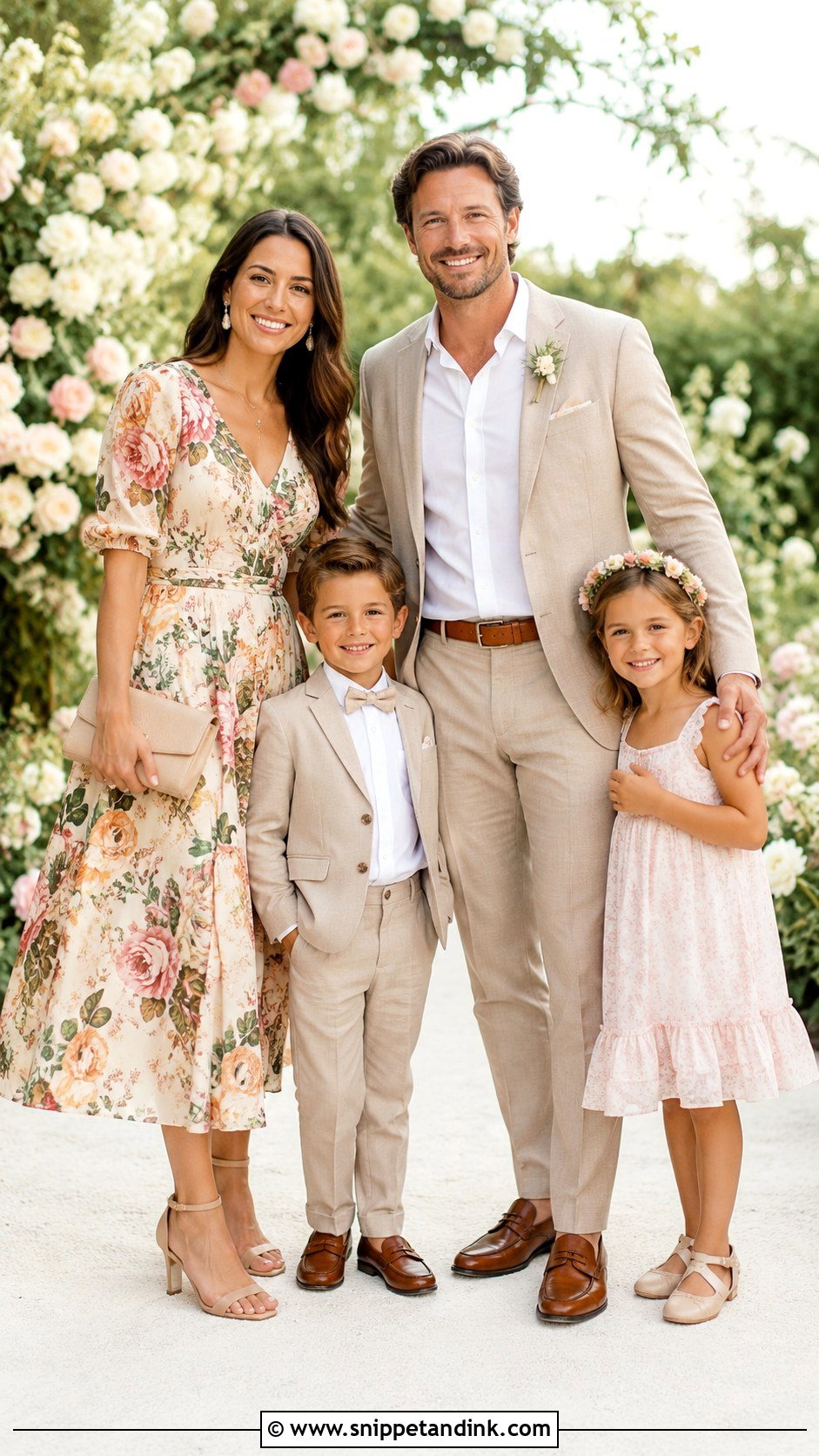 Cream Floral Dress And Beige Suit Family Wedding Outfit - Snippet and Ink - 25 Family Wedding Outfits