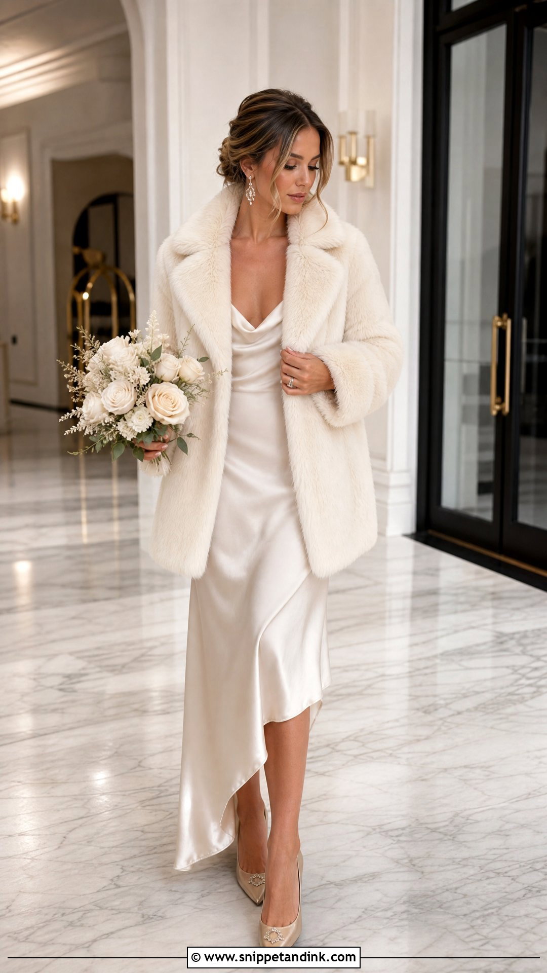 Cream Fur Coat With Champagne Slip Dress - Snippet and Ink - 20 Wedding Fur Coat Ideas